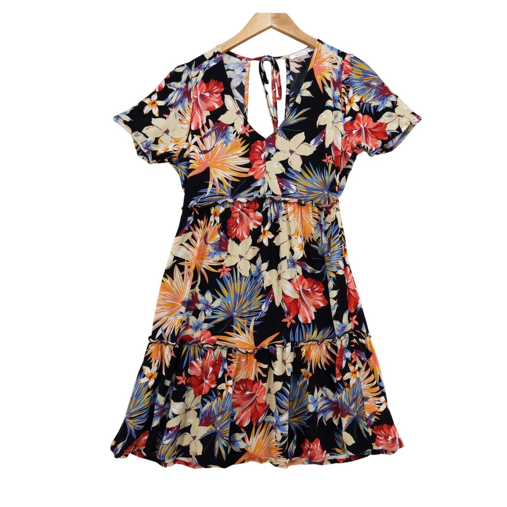 Lascana for Venus Mini Dress Women Small Black Tropical Floral Tiered Cutout